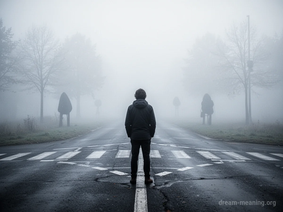 A person stands at a foggy crossroads with obscured paths.