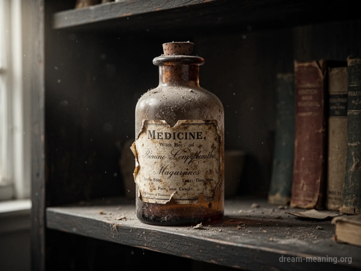 An old, dusty medicine bottle with a worn label.