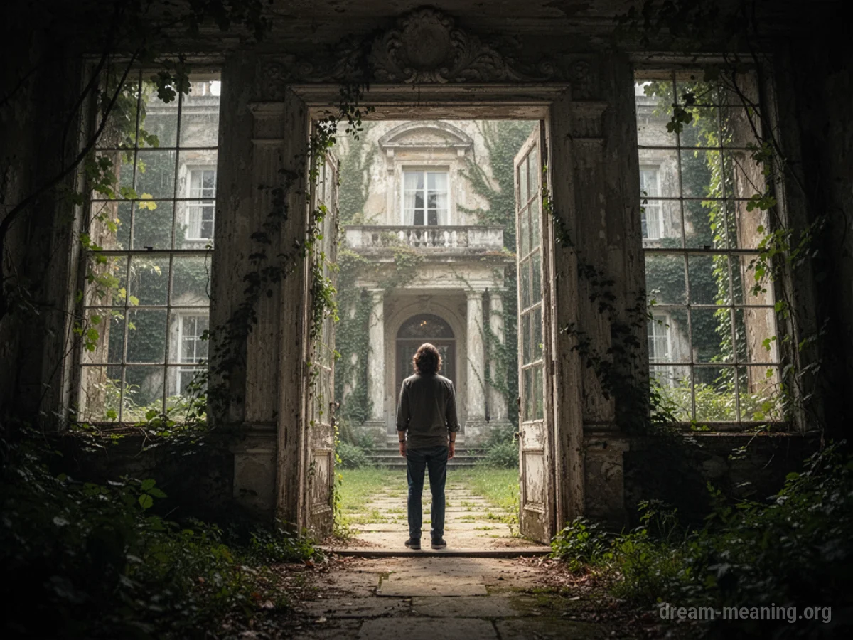 Person stands at the entrance of a large, old mansion.