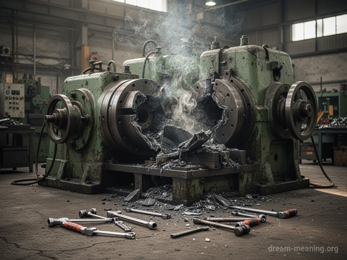 An industrial machine in a factory setting is visibly broken with smoke emitting from a part.