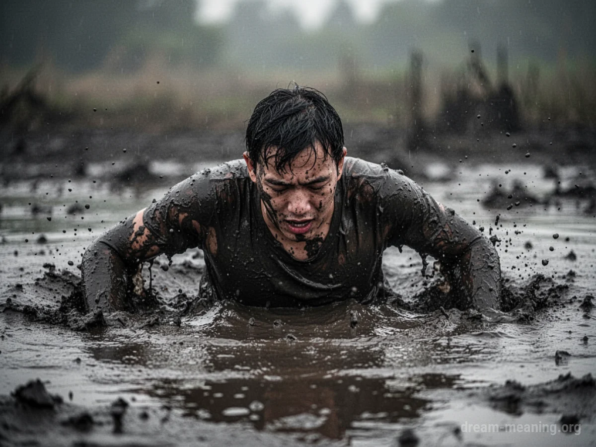 A person sinking into dark, wet mud.