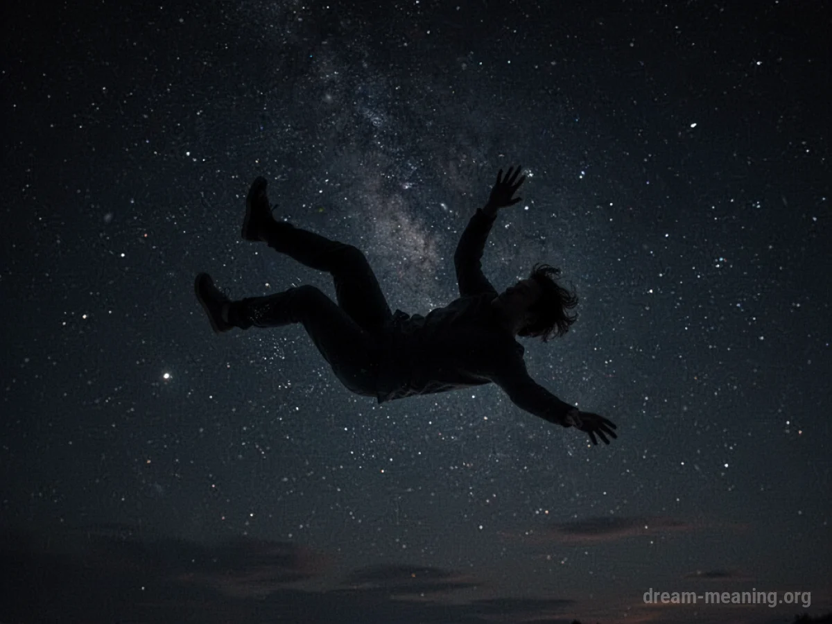 Silhouette of a person falling against a dark, starry sky.