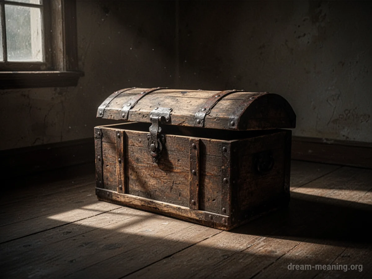 An old wooden chest with its lid partially open in a dark room.