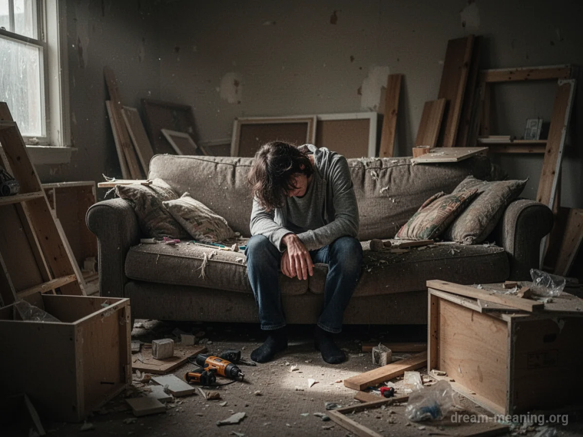 A person sitting slumped on a couch in a dimly lit room.