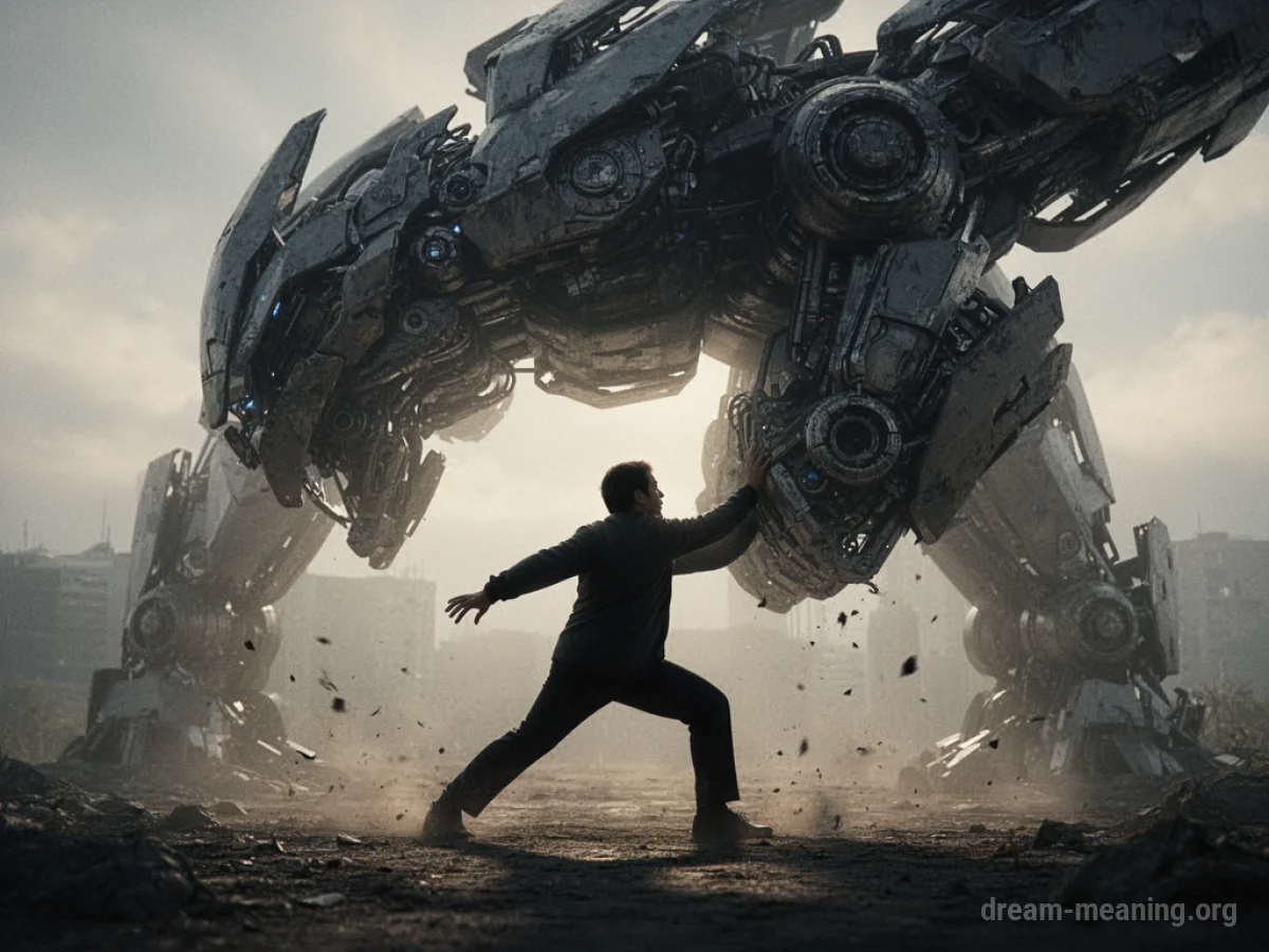 Silhouette of a person wrestling with a large, dark mechanical shape.