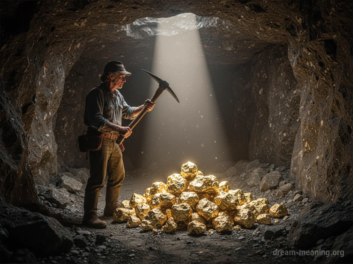 A person in a mine holding a pickaxe next to a pile of gold nuggets.