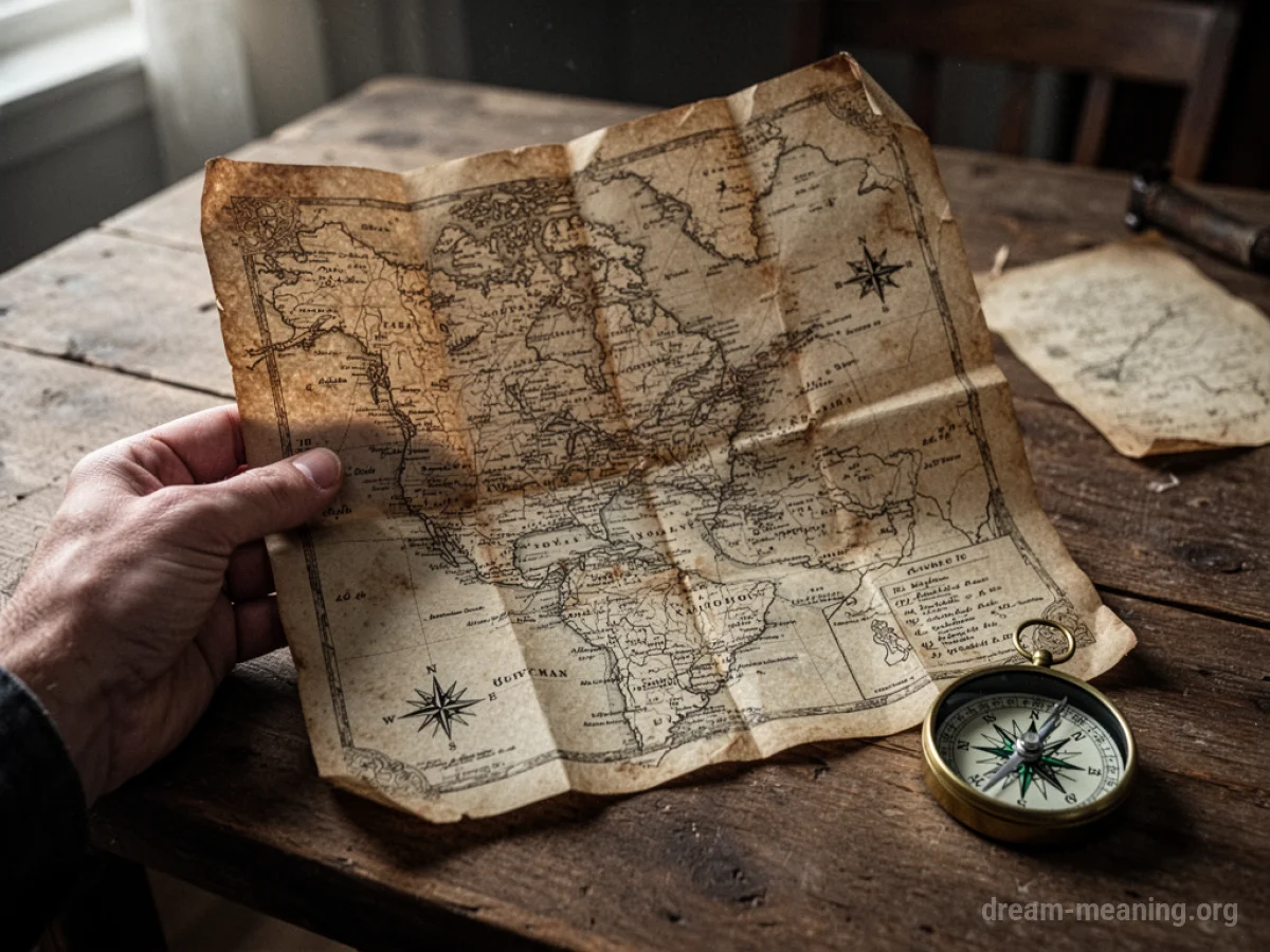 A hand holding a map on a table with a compass.