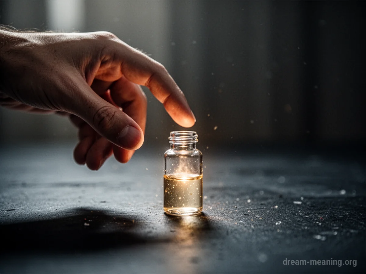 A hand reaching for a glowing vial.