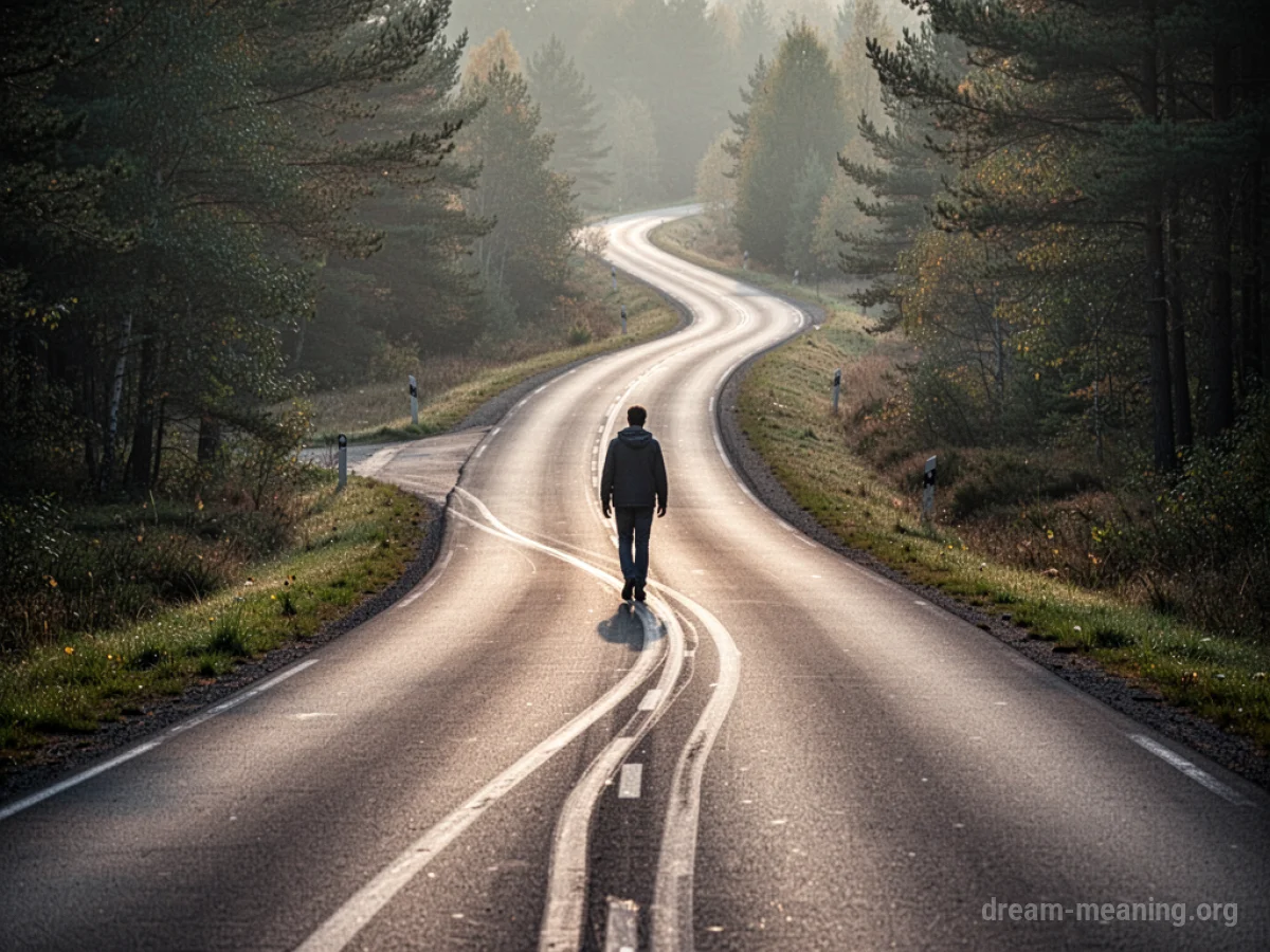 Two paths converging into a single road with a person walking on it.