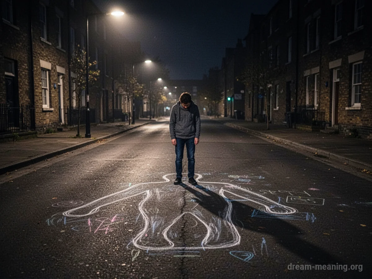 A chalk outline of a person on a dark street.