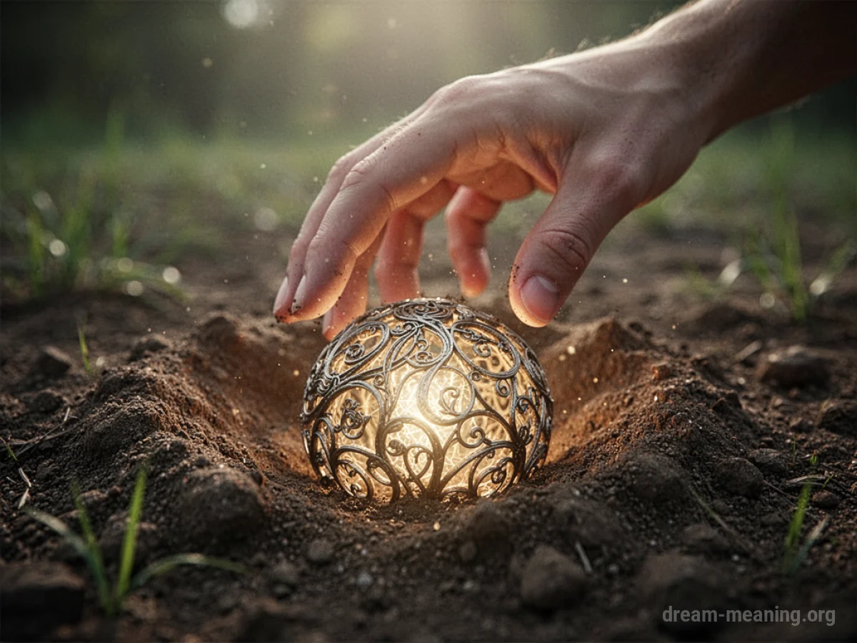A hand reaching towards a glowing, partially buried object.