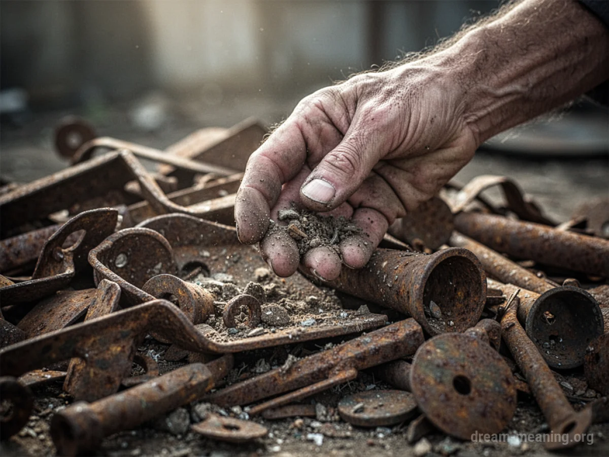 A hand sifting through old, rusted metal objects.
