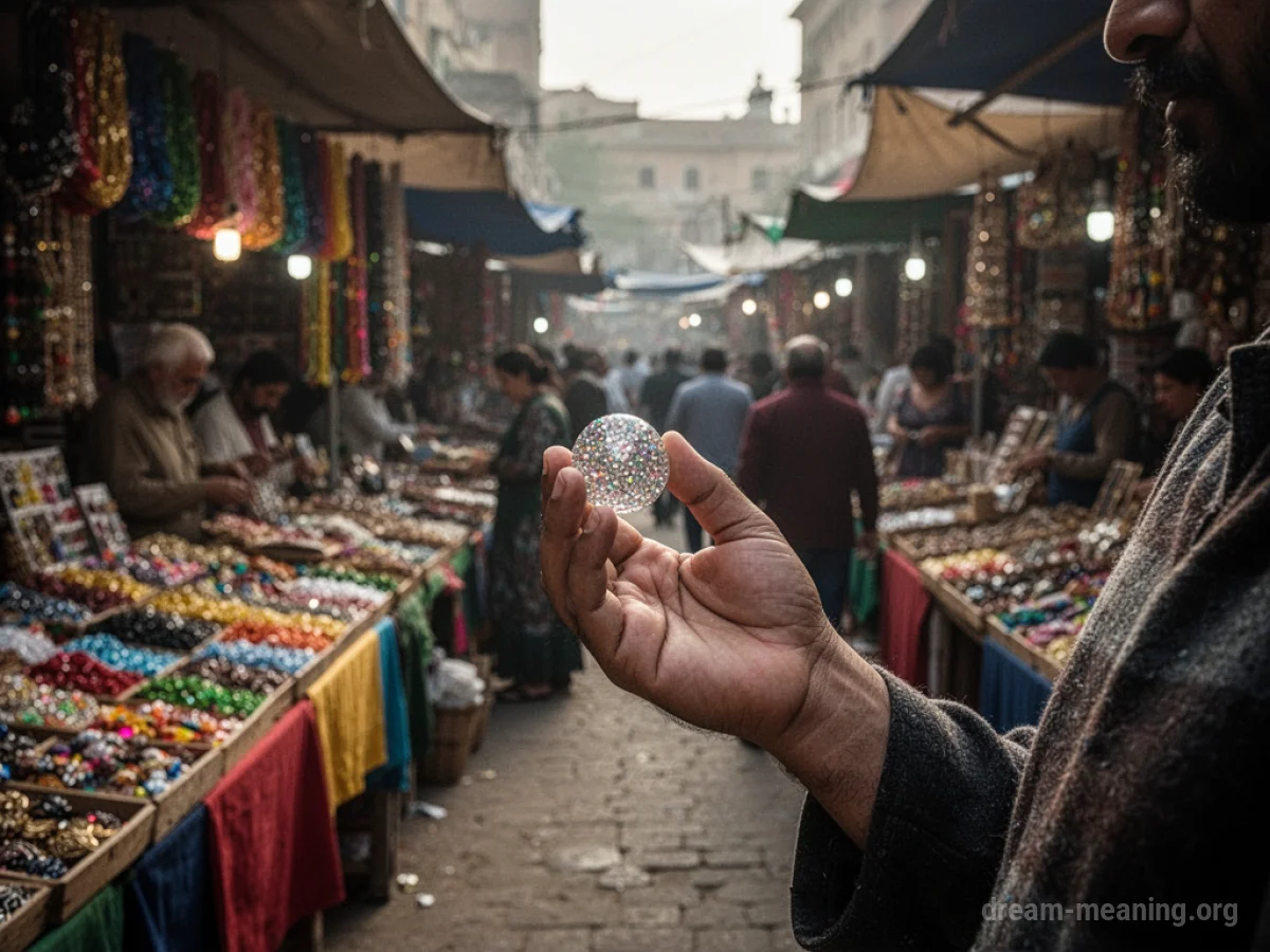 An open-air market with various stalls and a person holding a shiny object.