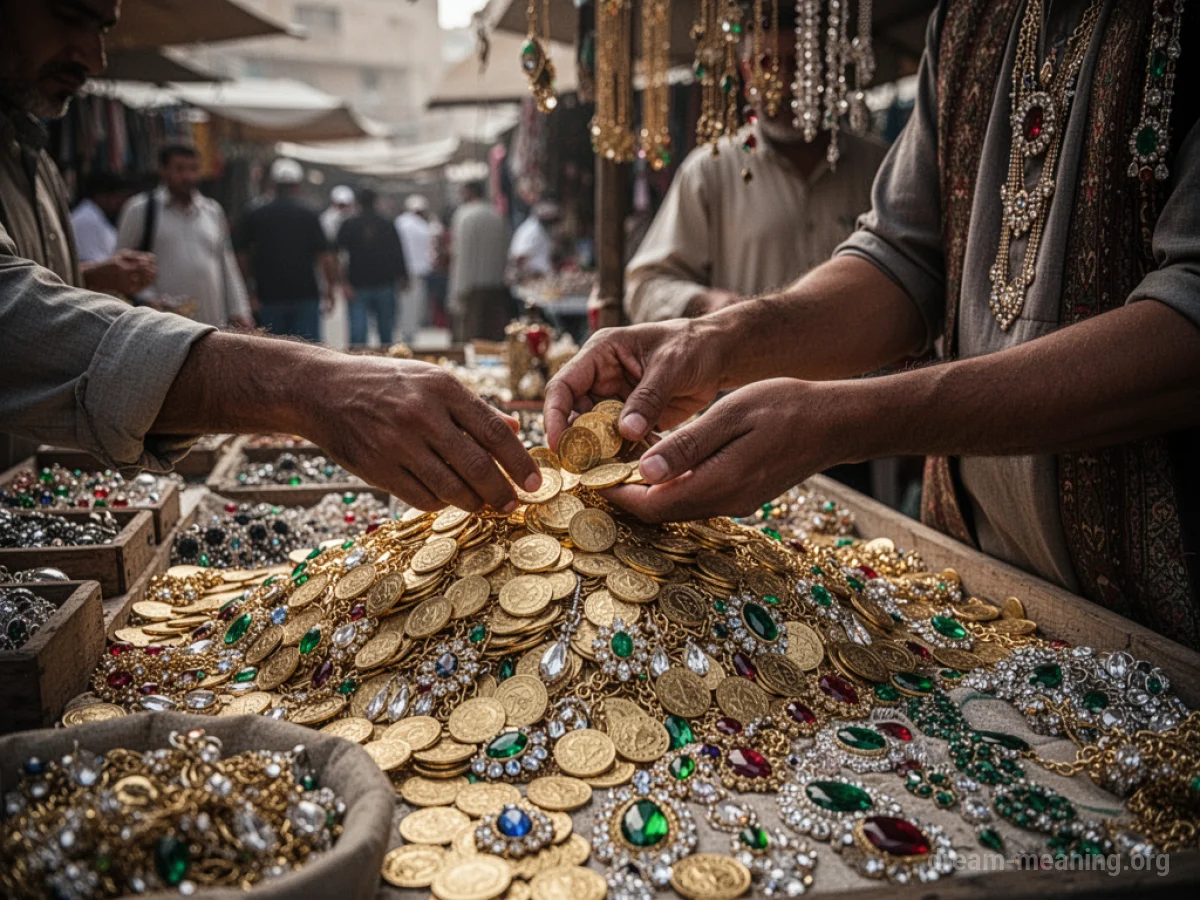 Hands sifting through gold coins and jewels in a market stall.