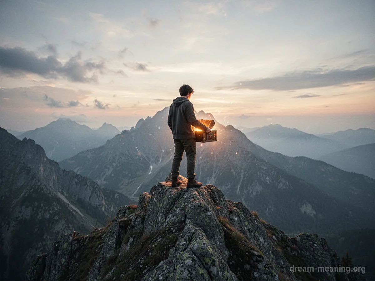A person holding a treasure chest on a mountaintop.
