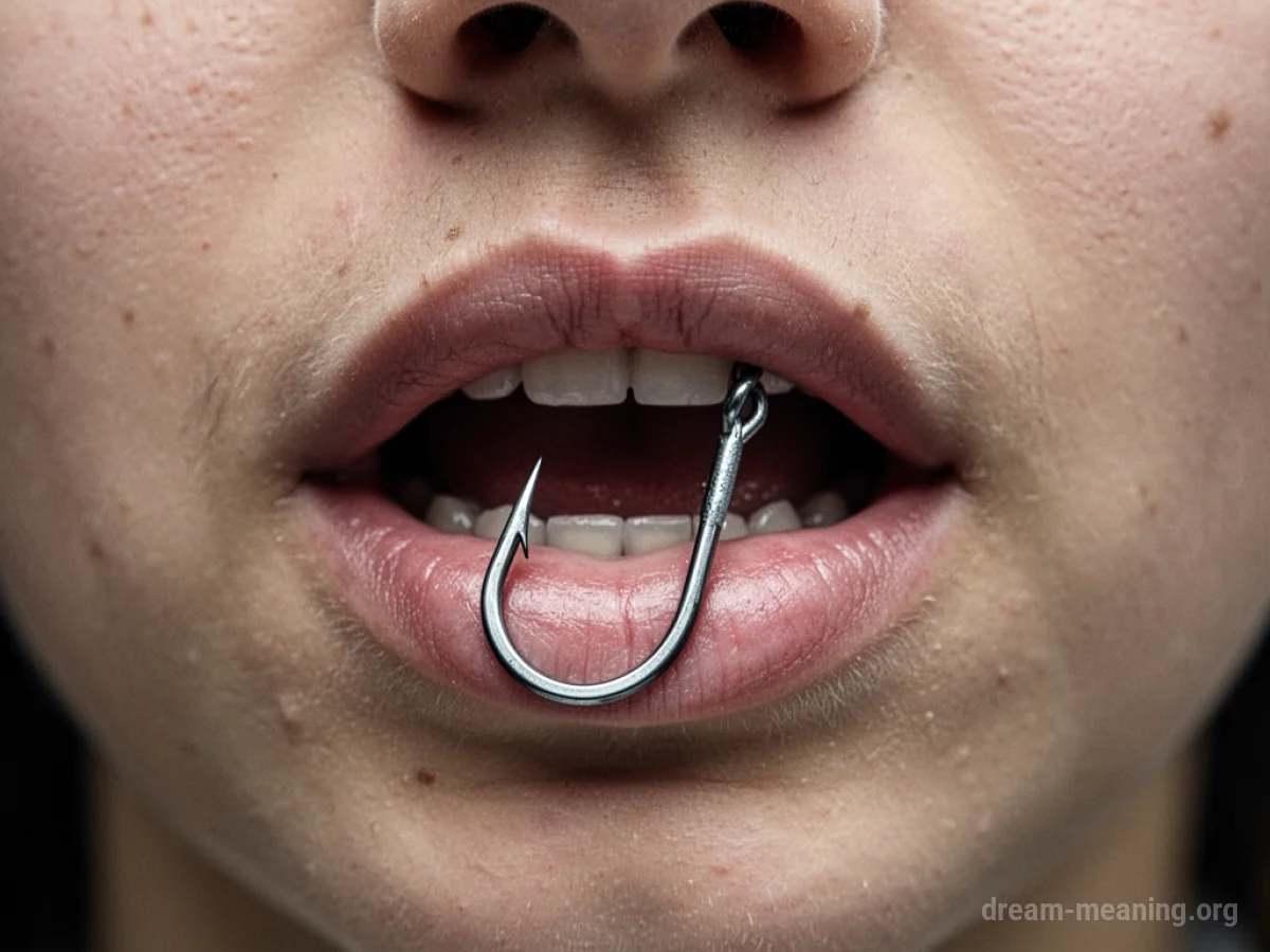 A metallic fish hook caught on a person's lower lip.