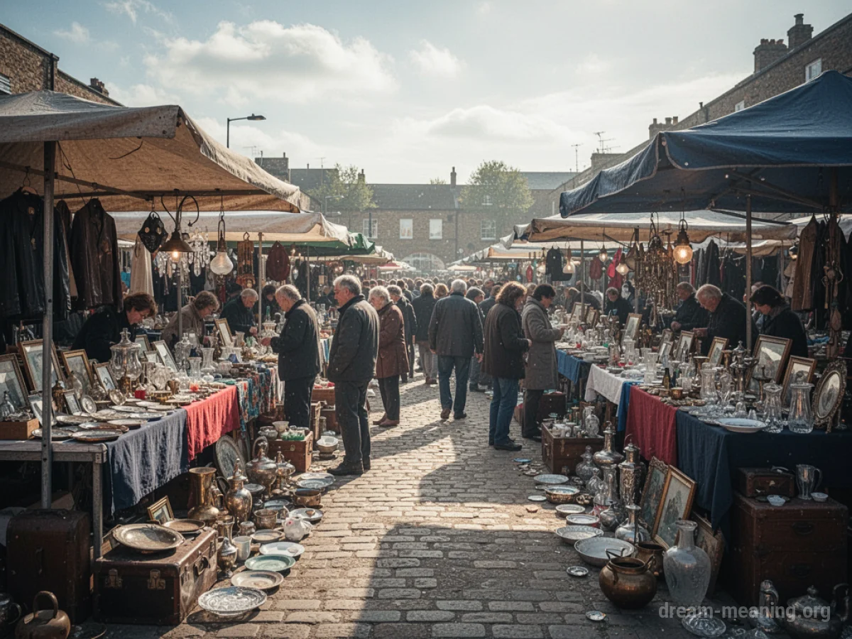 Outdoor flea market scene with numerous stalls and items for sale.