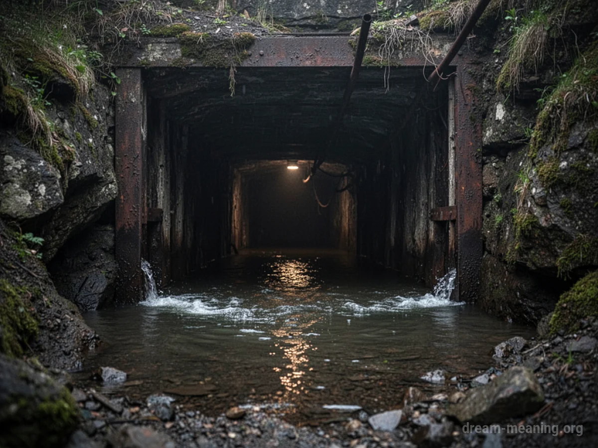 Entrance to a mine shaft partially filled with dark water.