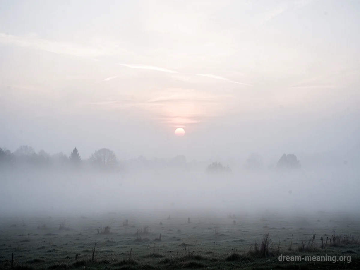 A thick fog covering a landscape with a hint of sunlight.