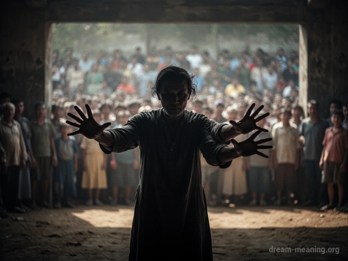 A silhouetted figure with hands held out in a defensive or pushing gesture.