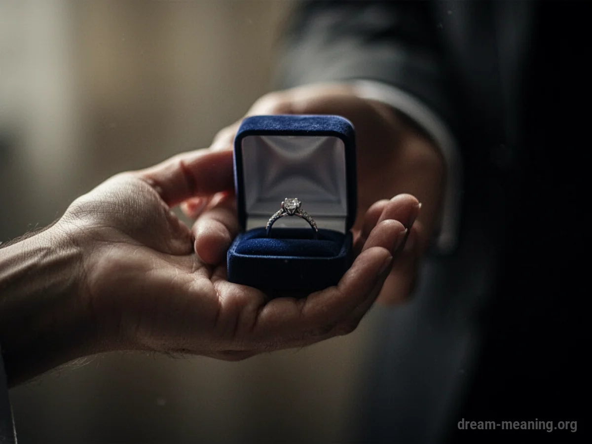 A hand extends a ring box from a shadowed area.