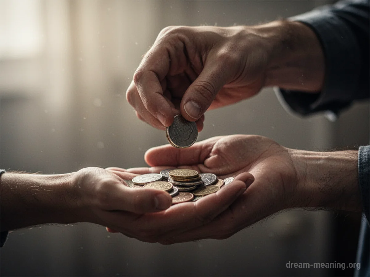 A hand dropping coins into another hand.