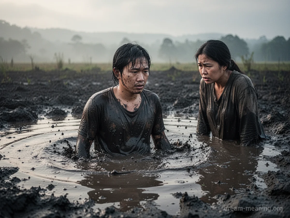 A person stands in mud with another person watching.