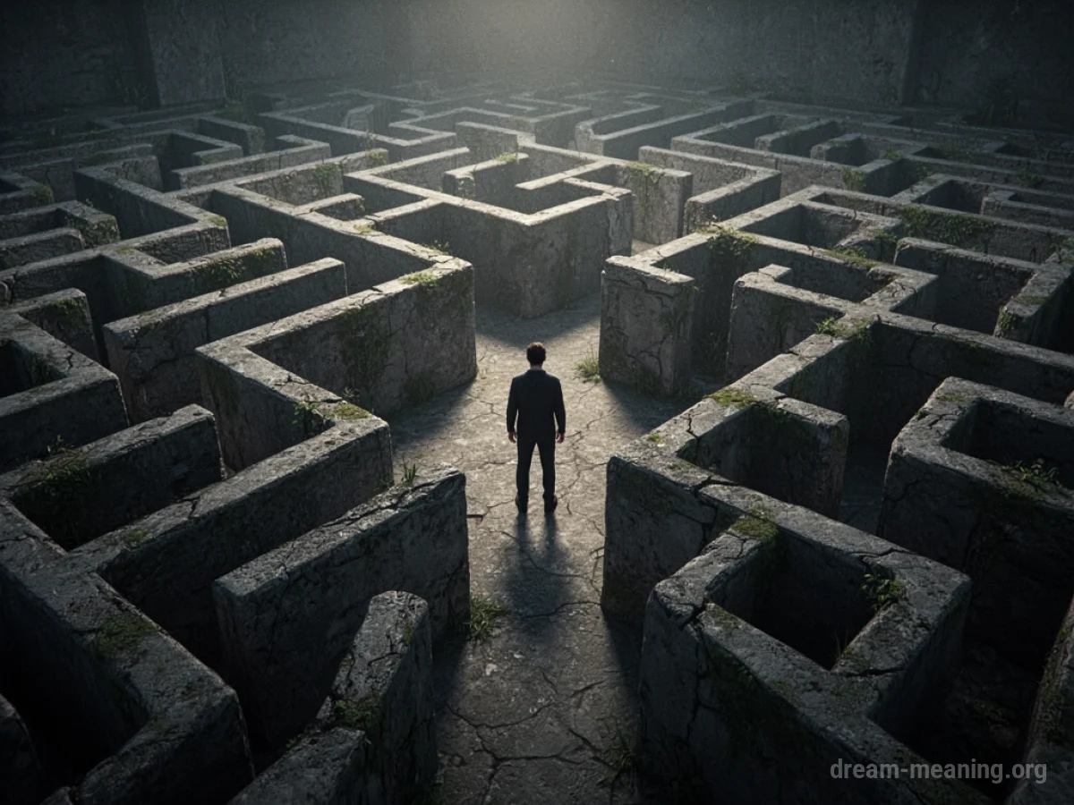 Silhouette of a person standing at a crossroads within a tall, dark maze.