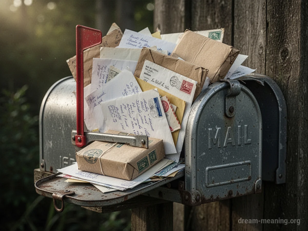 A wooden mailbox overflowing with mail.