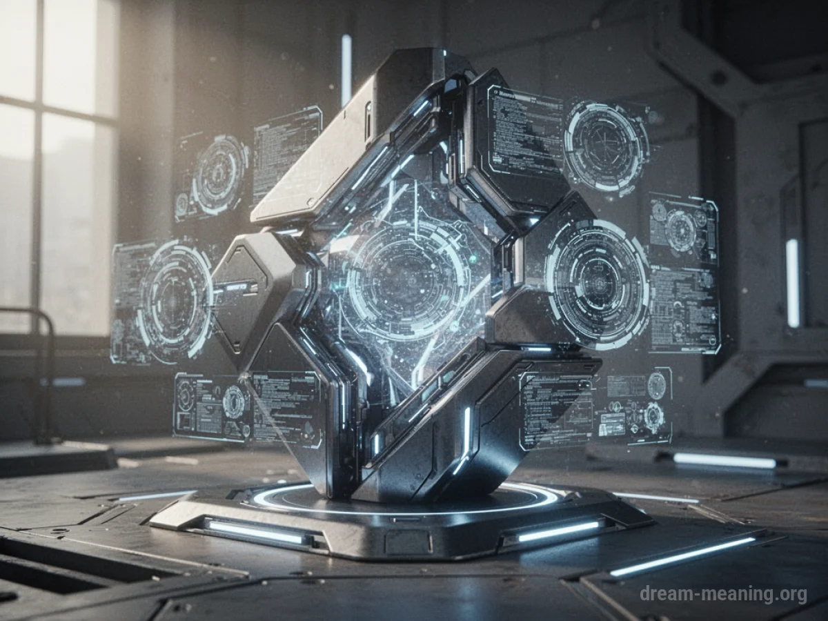 An abstract, glowing futuristic machine with holographic displays.