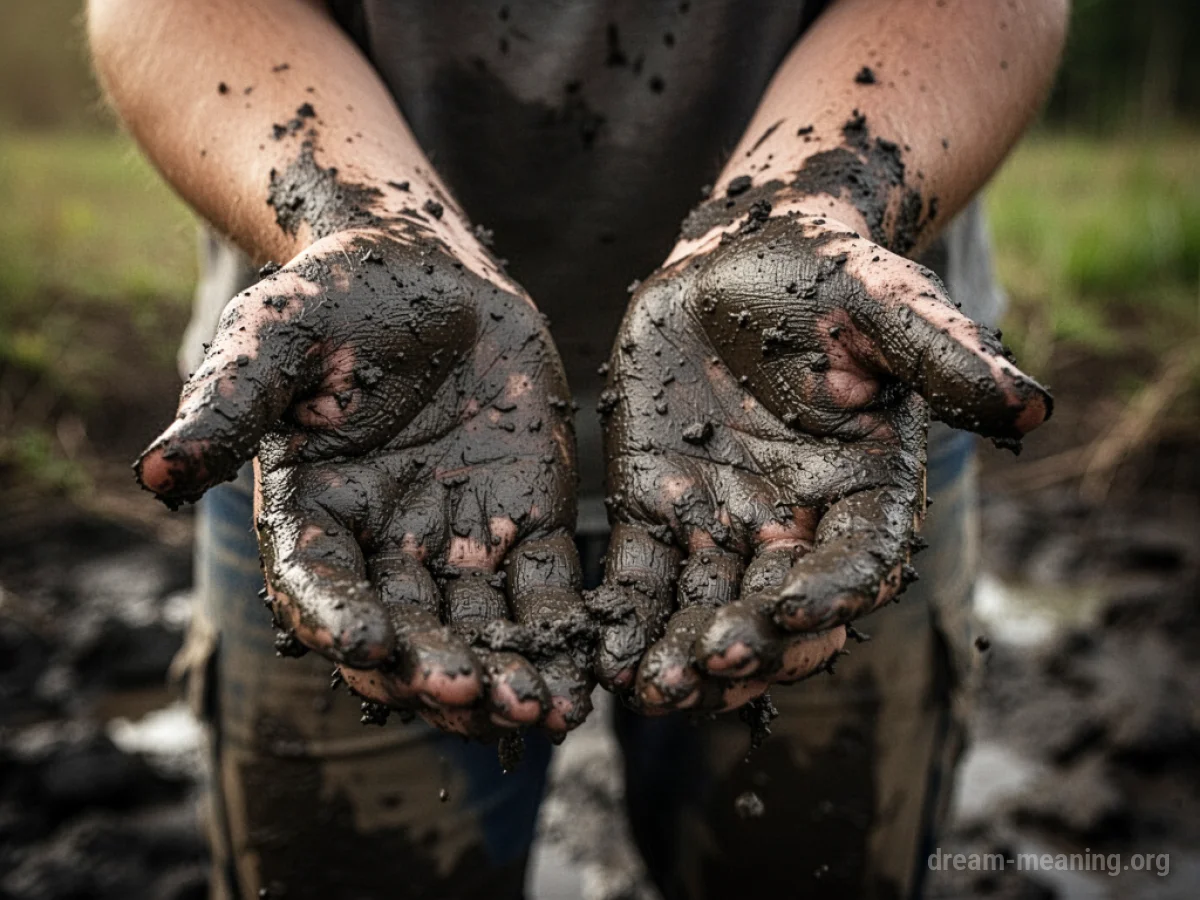 Hands covered in dark mud.