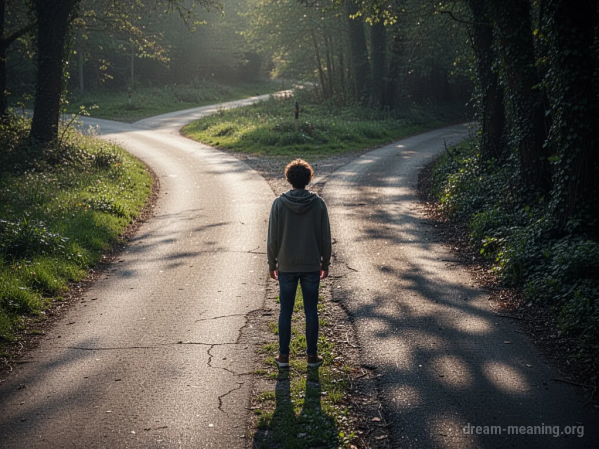 Person at a fork in the road with one path light and the other dark.