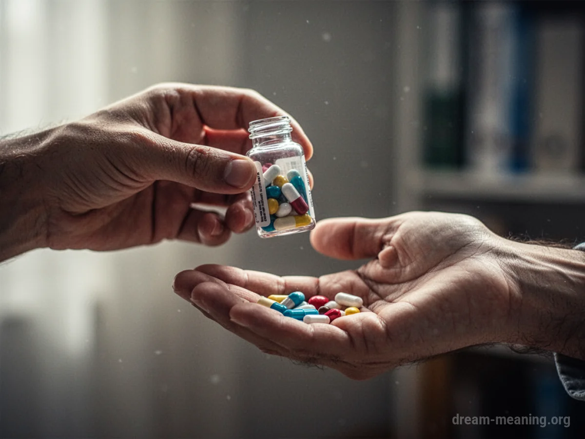 A hand offers a medicine bottle to another hand.