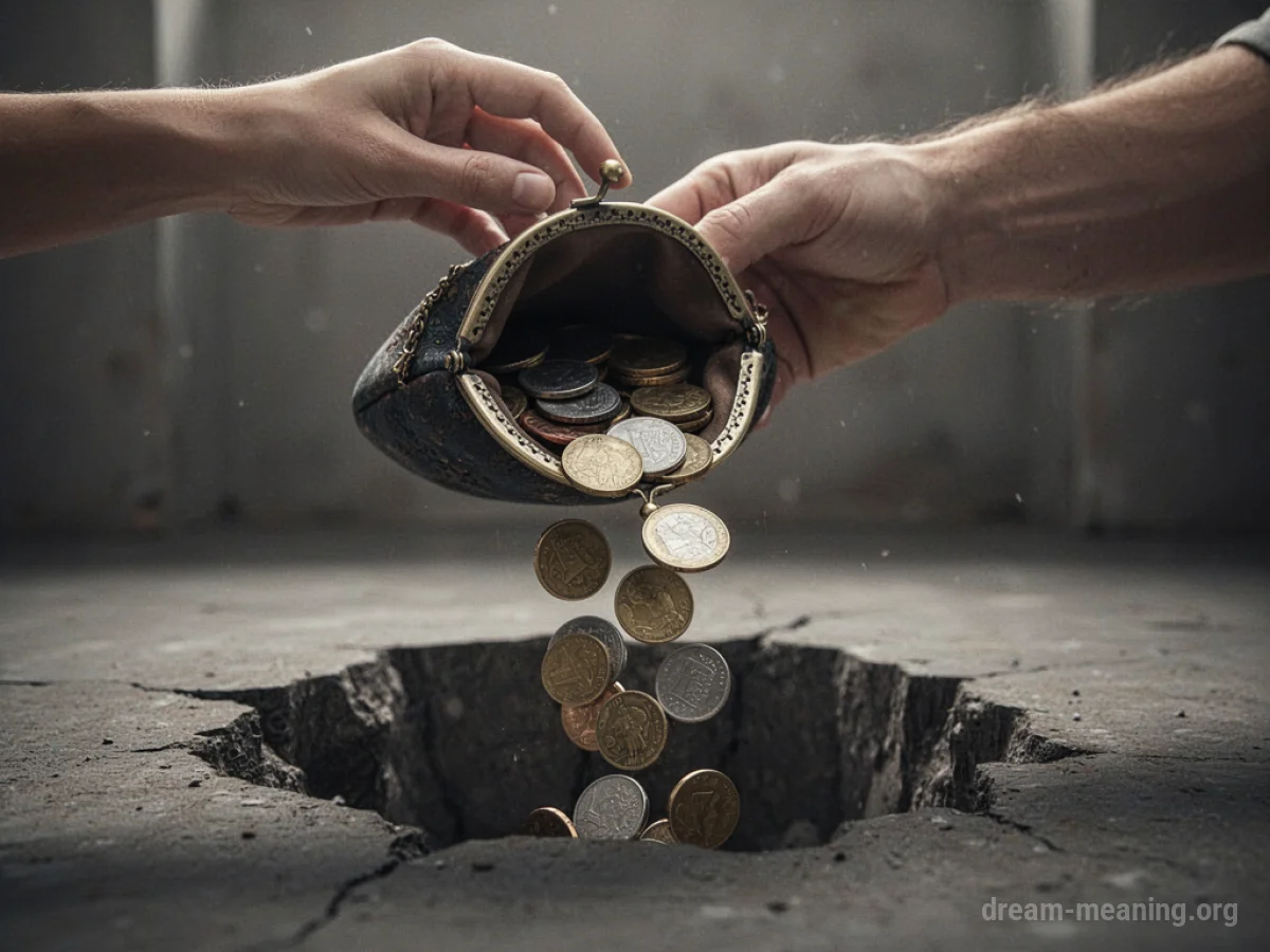 A hand holding an open purse from which coins are falling into darkness.