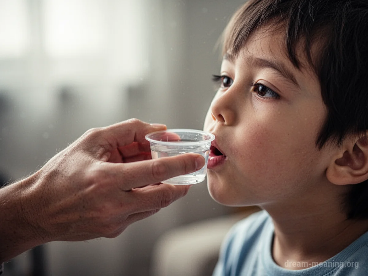 A hand holds a small cup with medicine towards a child.