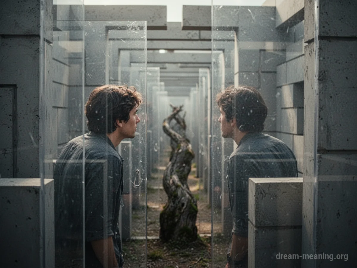 A person standing inside a maze made of clear glass walls, looking confused.