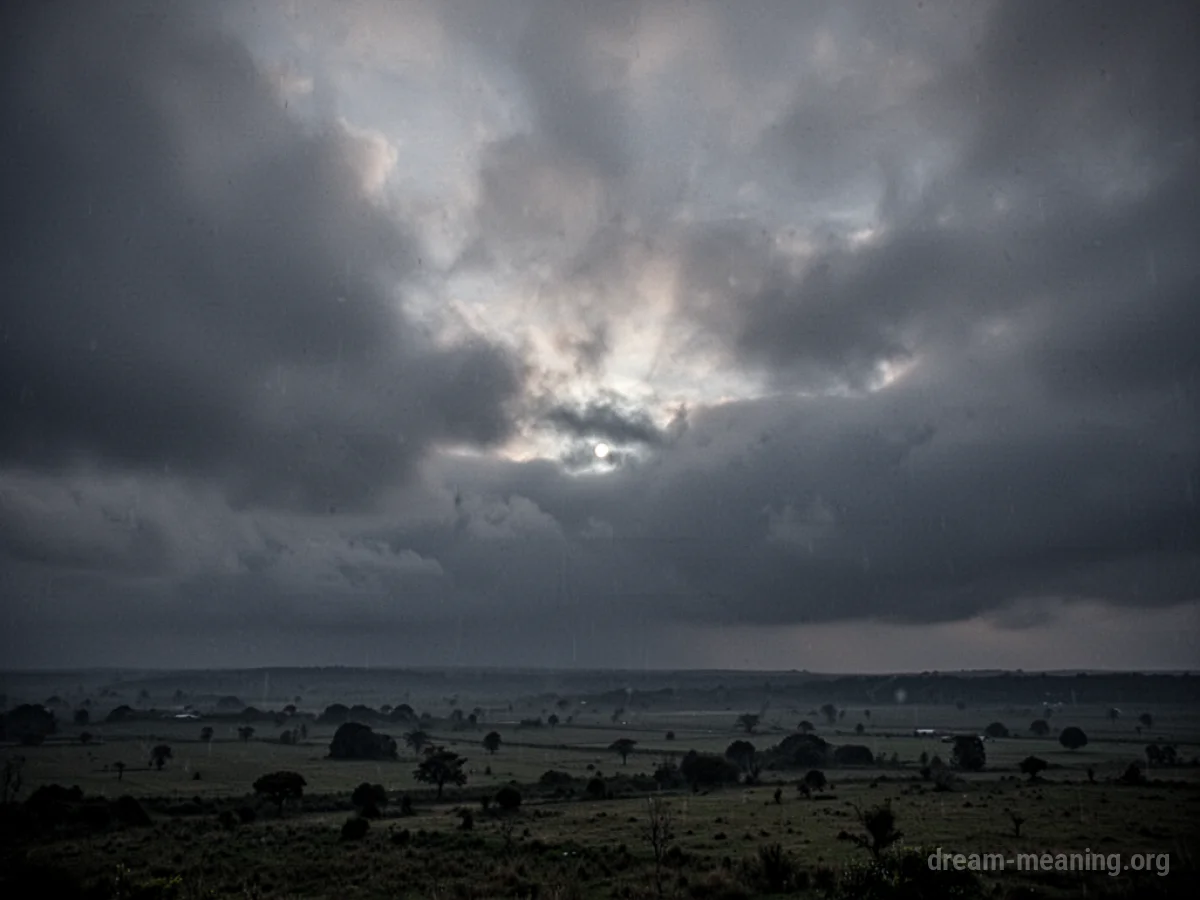 A dark, cloudy sky with a weak sun.