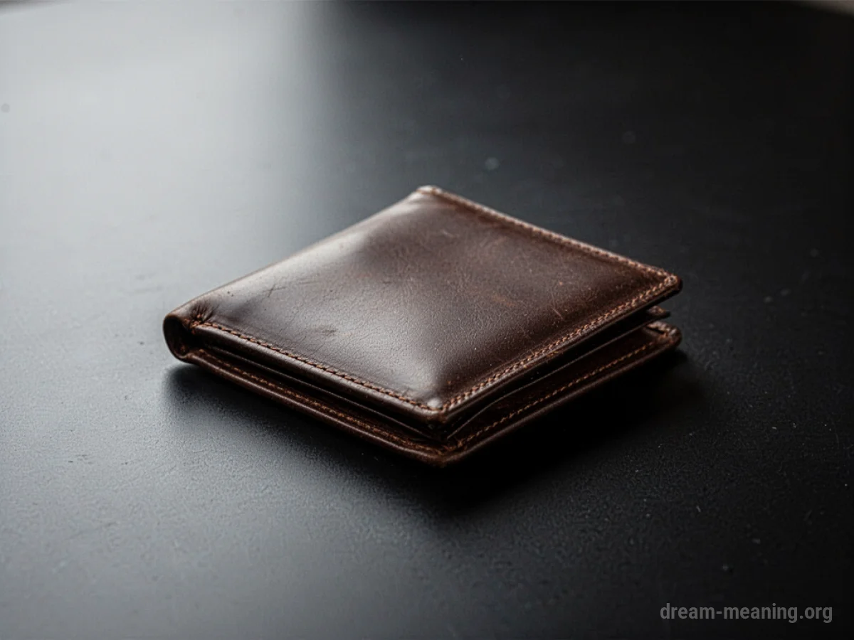 An empty leather wallet on a dark surface.