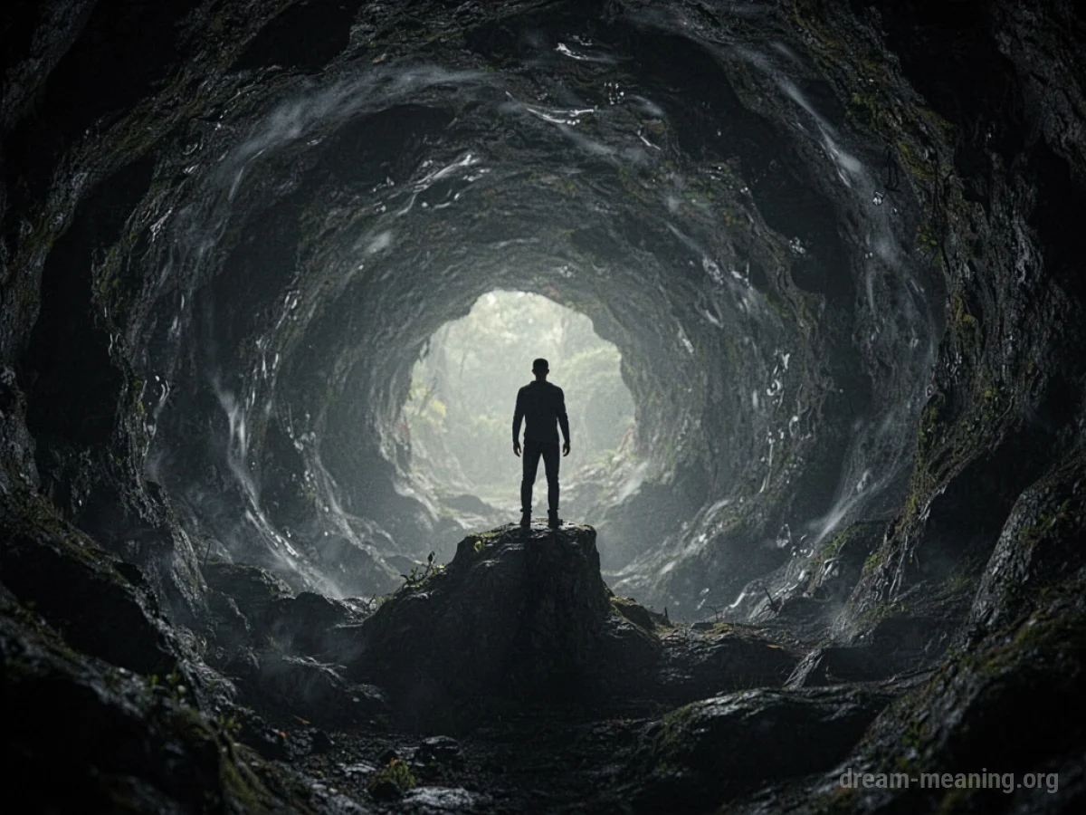 Silhouette at the edge of a dark, swirling vortex.