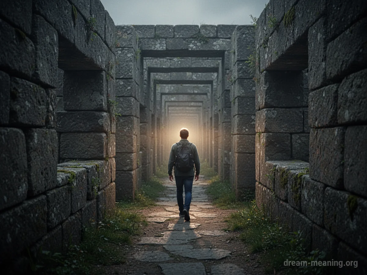 A silhouette of a person walking down a path in a stone maze towards a distant light.