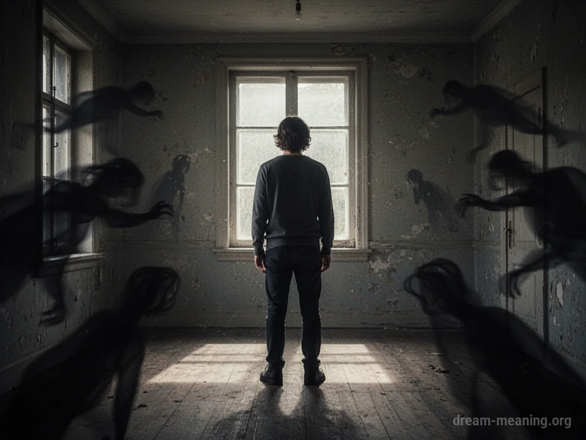 A person in a dark room with faint, shadowy figures perceived at the periphery.