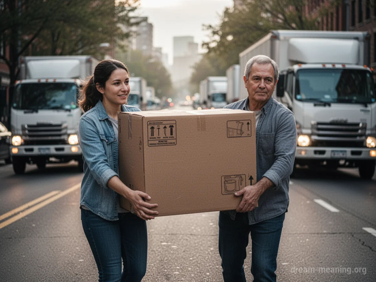 Two individuals carrying a large box.