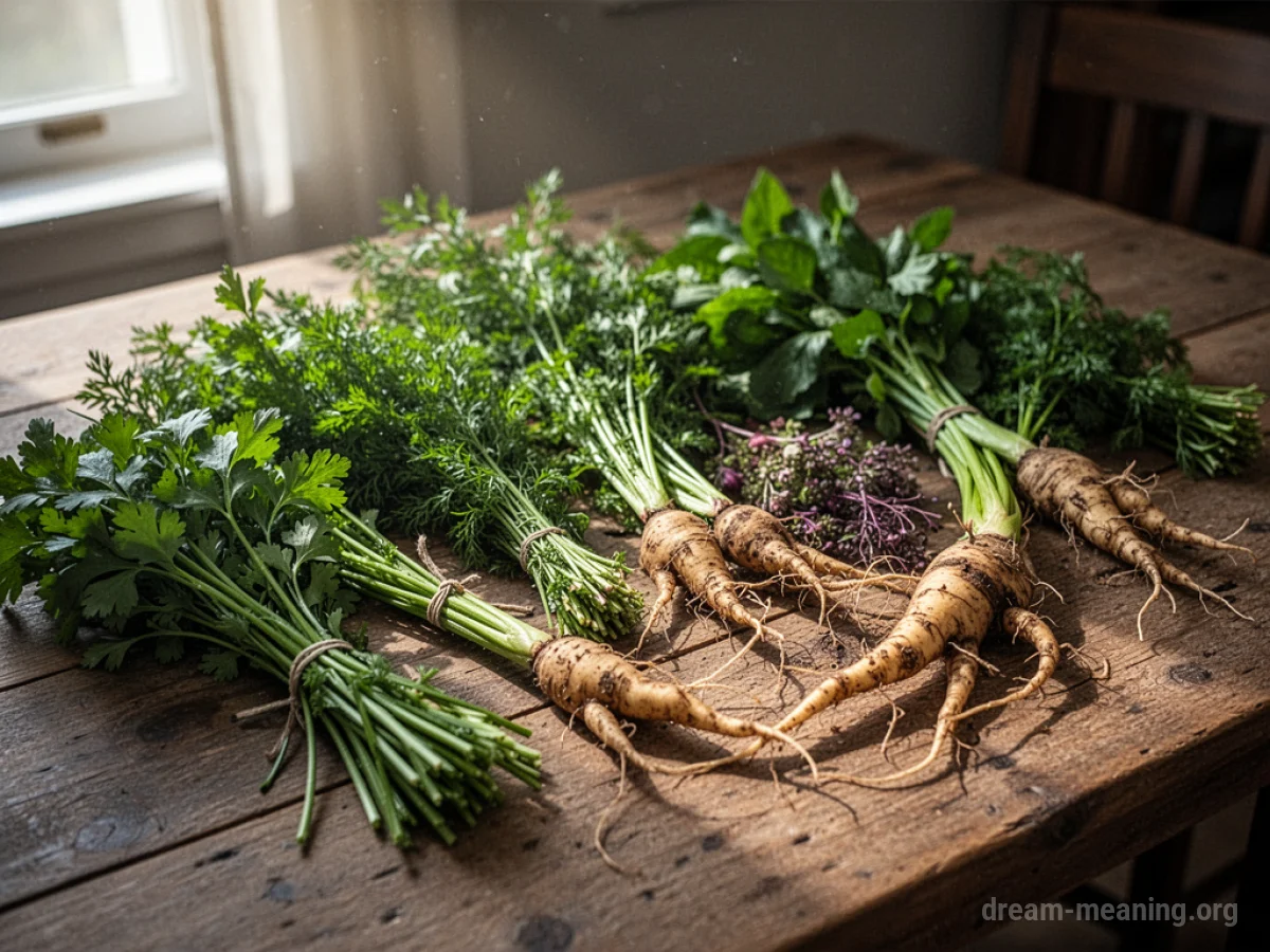 Various fresh herbs and roots arranged on a wooden surface.