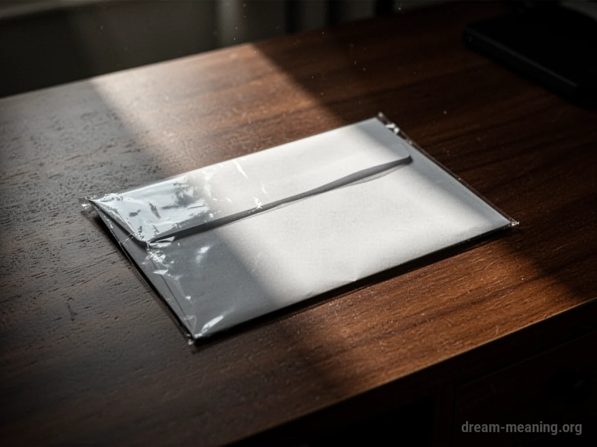 A sealed envelope on a wooden desk with a shaft of light.