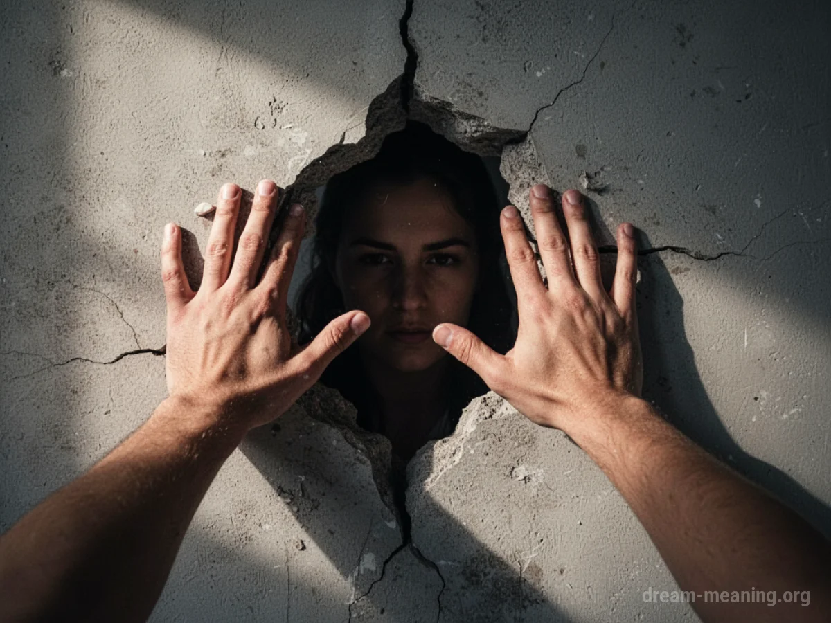 Hands covering a crack in a wall.