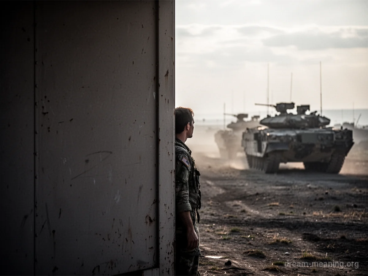 A person hiding behind a wall, with military vehicles in the distance.