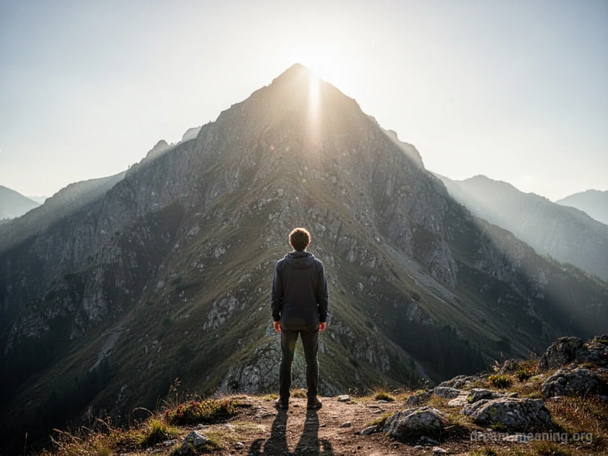A person stands at the foot of a large mountain, gazing upwards towards its peak.