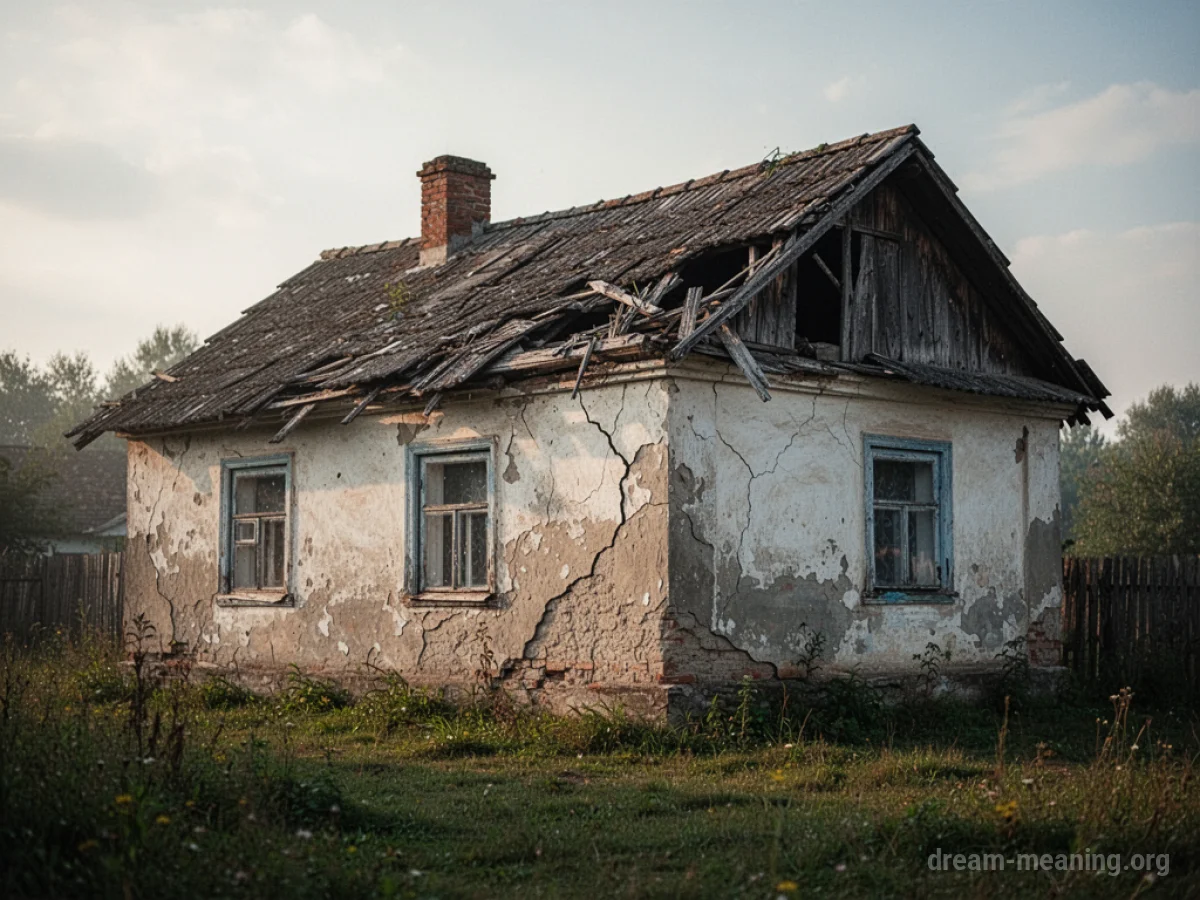A house with visible structural damage, including cracks in the walls and a sagging roof.
