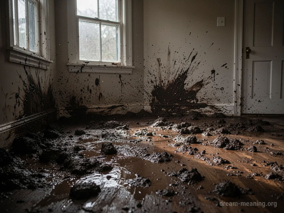 The floor and lower walls of a house interior are covered in dark, thick mud.