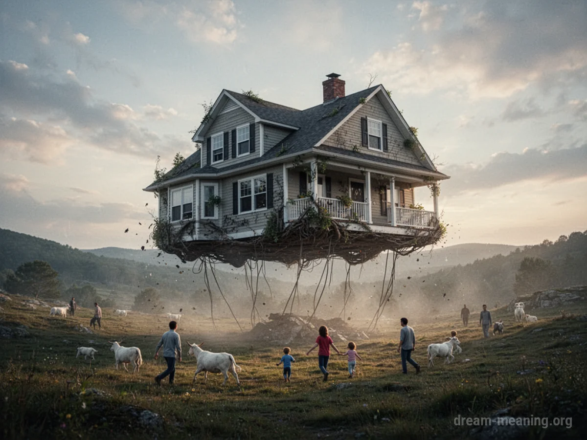 A house suspended in the air as if being transported.